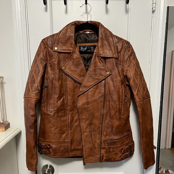Real Leather Jacket Front Full Zipper - Picture 1 of 4